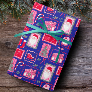 Cute Pink Coquette Frames Pattern Christmas Blue Wrapping Paper