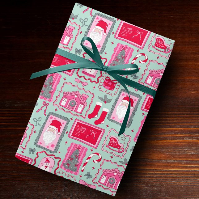 Cute Pink Coquette Frames Pattern Christmas mint Wrapping Paper (Creator Uploaded)
