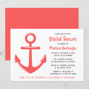 Cute Pink Coral Boat Anchor Nautical Bridal Shower Invitation
