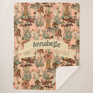 Cute Pink Cottagecore Floral Mushroom House Print Sherpa Blanket