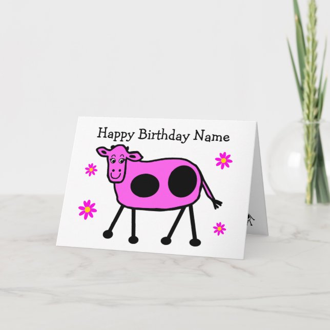 Cute Pink Cow and Flowers Cartoon Birthday Card (Front)