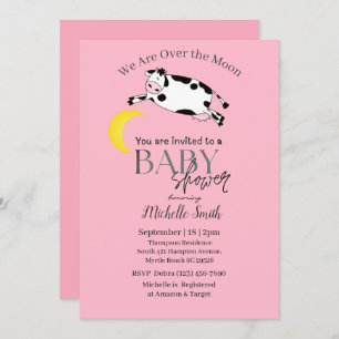 Cute Pink Cow Jumped Over The Moon  Baby Shower Invitation
