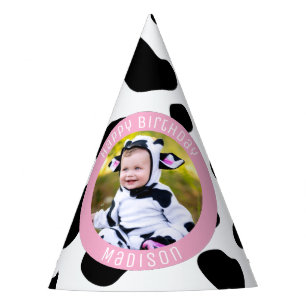 Cute Pink Cow Print Farm Girl Birthday Photo Party Hat