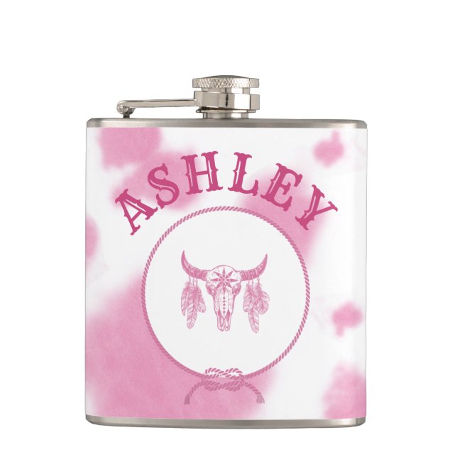 Cute Pink Cow Print Western Rodeo Custom Hip Flask (Front)