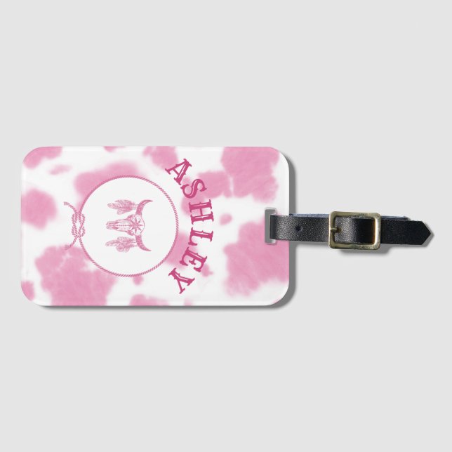Cute Pink Cow Print Western Rodeo Custom Luggage Tag (Front Horizontal)