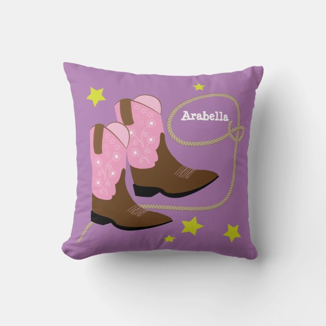 Cute Pink Cowboy Boots & Rope, Personalised Cushion (Front)
