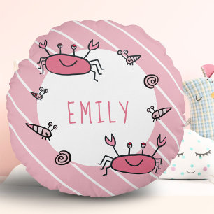 Cute Pink Crab Sea Animal Girl Name Round Cushion