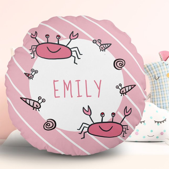 Cute Pink Crab Sea Animal Girl Name Round Cushion (Creator Uploaded)