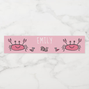 Cute Pink Crab Sea Animals Girl Birthday Water Bottle Label