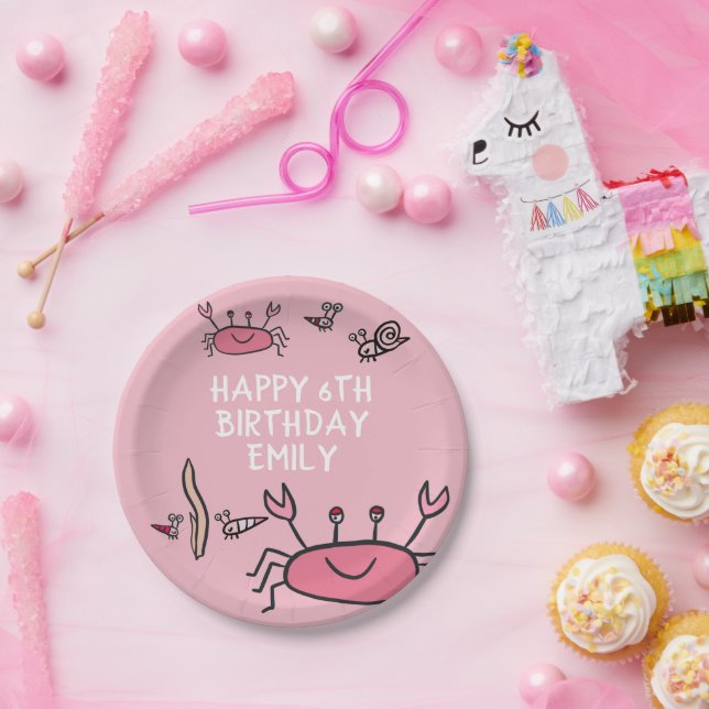 Cute Pink Crab Sea Animals Girl Happy Birthday  Paper Plate (Party)