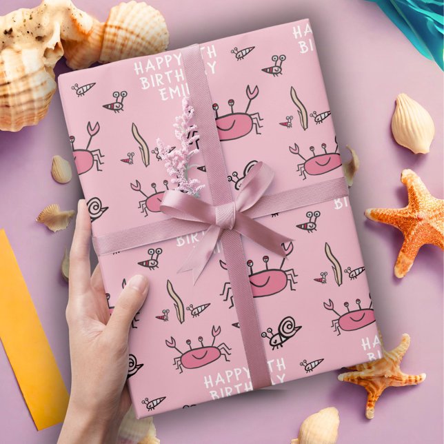 Cute Pink Crab Sea Animals Girl Happy Birthday  Wrapping Paper (Creator Uploaded)
