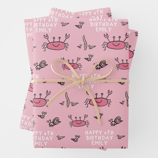 Cute Pink Crab Sea Animals Girl Happy Birthday  Wrapping Paper Sheet (In situ)