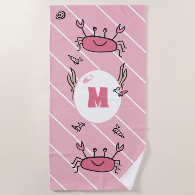Cute Pink Crab Sea Animals Girl Monogram Beach Towel (Front)