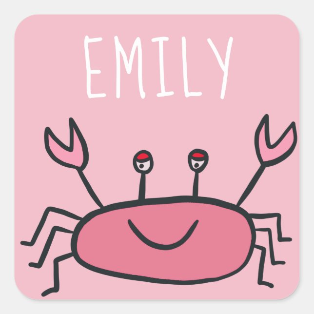 Cute Pink Crab Sea Animals Girl Name Square Sticker (Front)