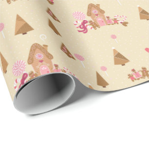 Cute Pink Cream Gingerbread Candy Cane Wrapping Pa Paper
