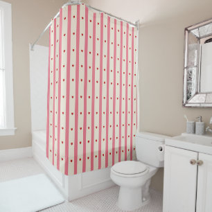 Cute Pink & Cream Stripes Red Hearts Shower Curtain