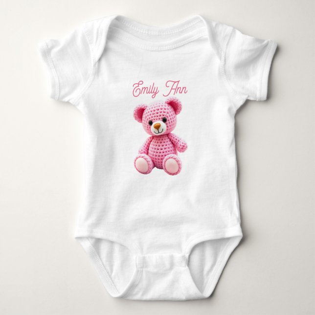 Cute Pink Crocheted Baby Girl's Personalised Baby Bodysuit (Front)