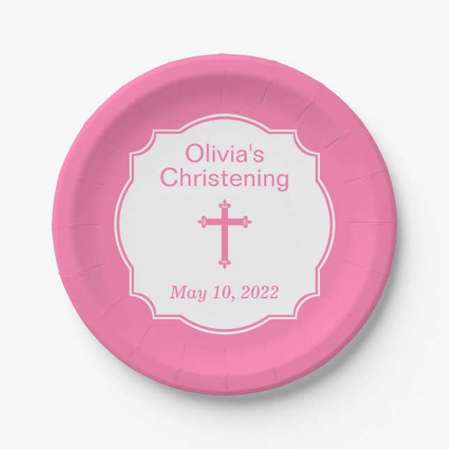 Cute Pink Cross Girl's Christening Baptism Paper Plate (Front)