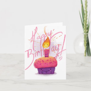 Cute Pink Cupcake & Cartoon Candle Birthday Card