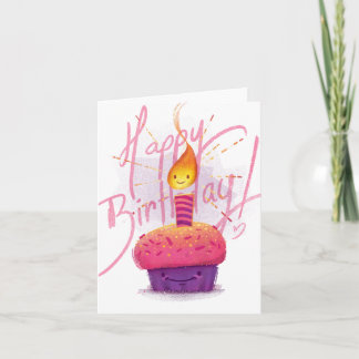 Cute Pink Cupcake & Cartoon Candle Birthday Card