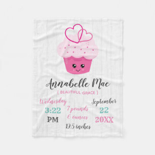 Cute Pink Cupcake Kawaii Baby Birth Stats Fleece Blanket
