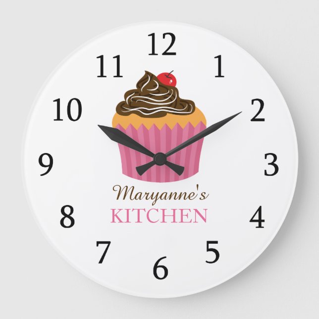 Cute Pink Cupcake Kitchen  Custom Name  Large Clock (Front)