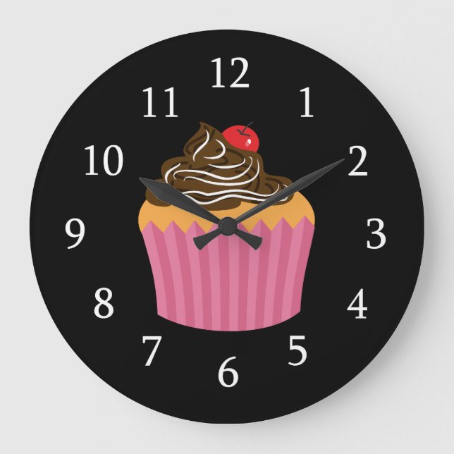 Cute Pink Cupcake On Black Large Clock (Front)