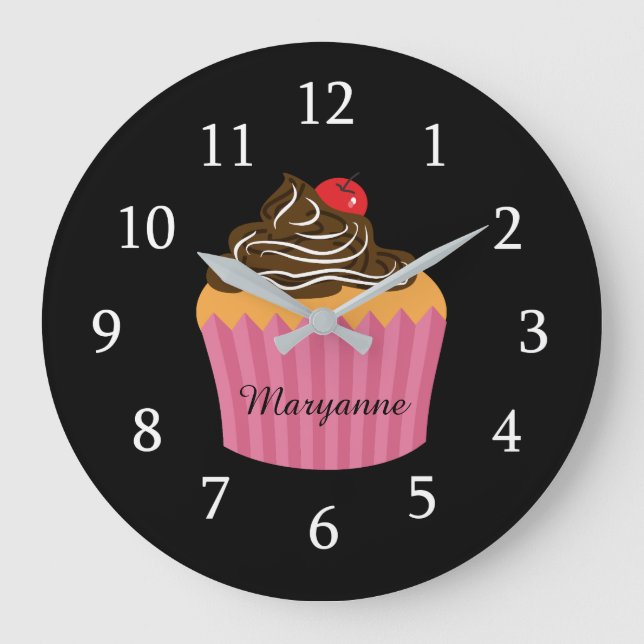 Cute Pink Cupcake On Black Personalised Kitchen Large Clock (Front)