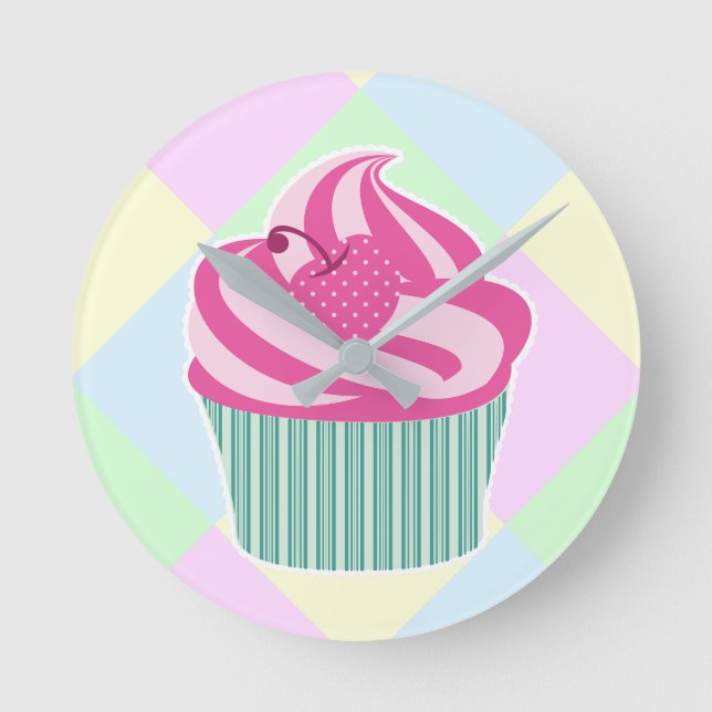 Cute Pink Cupcake Pastel Colours Round Clock (Front)