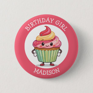 Cute Pink Cupcake Personalised Birthday Girl 6 Cm Round Badge