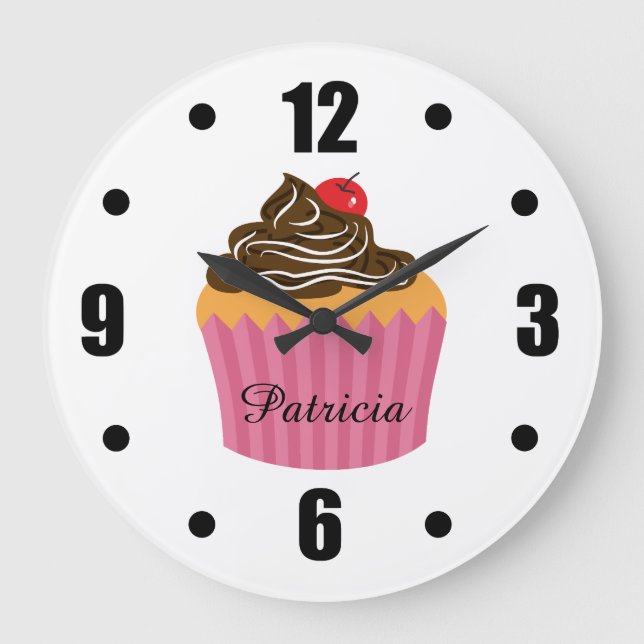 Cute Pink Cupcake Personalised Name Large Clock (Front)