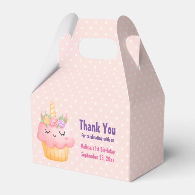 Cute Pink Cupcake Unicorn with Roses Birthday Favour Box (Front Side)