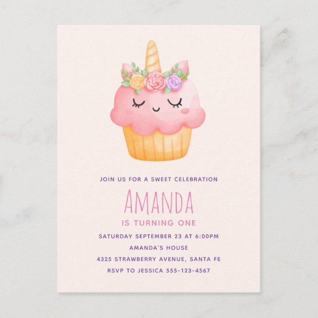 Cute Pink Cupcake Unicorn with Roses Birthday Invitation Postcard (Front)