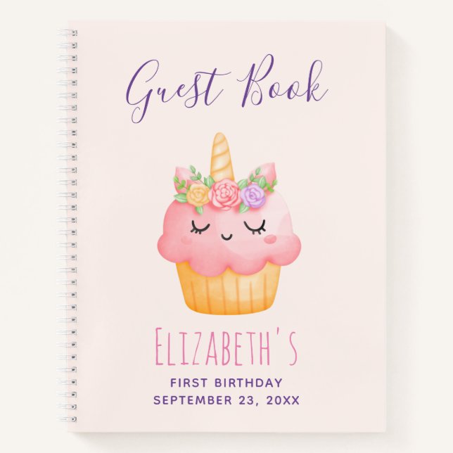 Cute Pink Cupcake Unicorn with Roses Guest Book (Front)