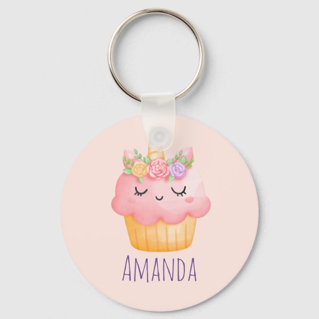 Cute Pink Cupcake Unicorn with Roses Key Ring (Front)
