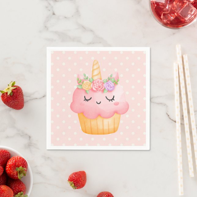 Cute Pink Cupcake Unicorn with Roses Napkin (Insitu)