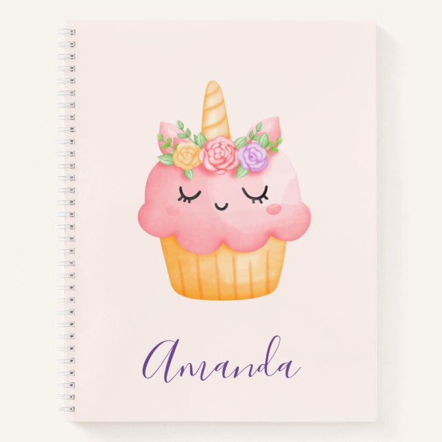 Cute Pink Cupcake Unicorn with Roses Notebook (Front)