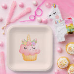 Cute Pink Cupcake Unicorn with Roses Paper Plate<br><div class="desc">Paper plates with a watercolor drawing of a cupcake with pink icing,  a unicorn horn and colourful roses.</div>