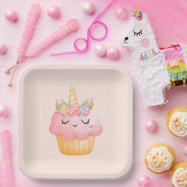 Cute Pink Cupcake Unicorn with Roses Paper Plate (Party)