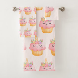 Cute Pink Cupcake Unicorn with Roses Patterned Bath Towel Set