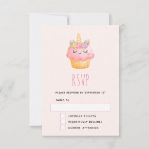 Cute Pink Cupcake Unicorn with Roses RSVP Card