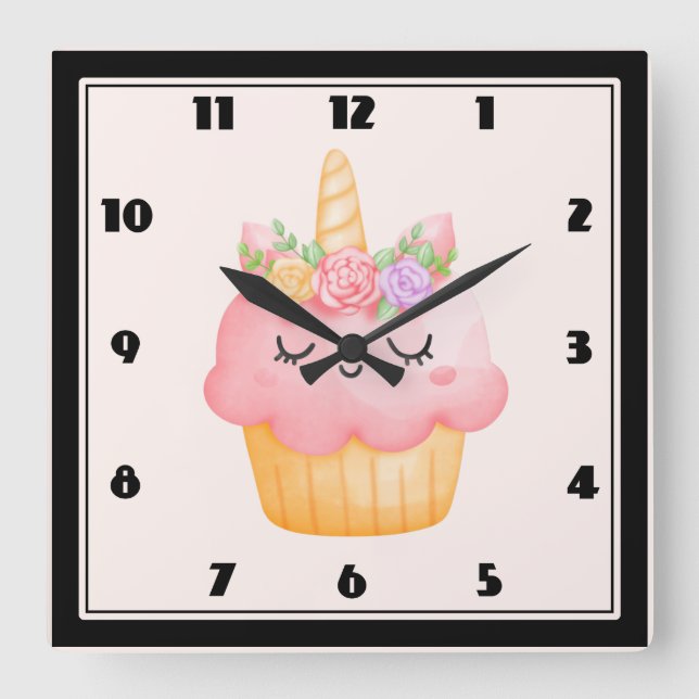 Cute Pink Cupcake Unicorn with Roses Square Wall Clock (Front)