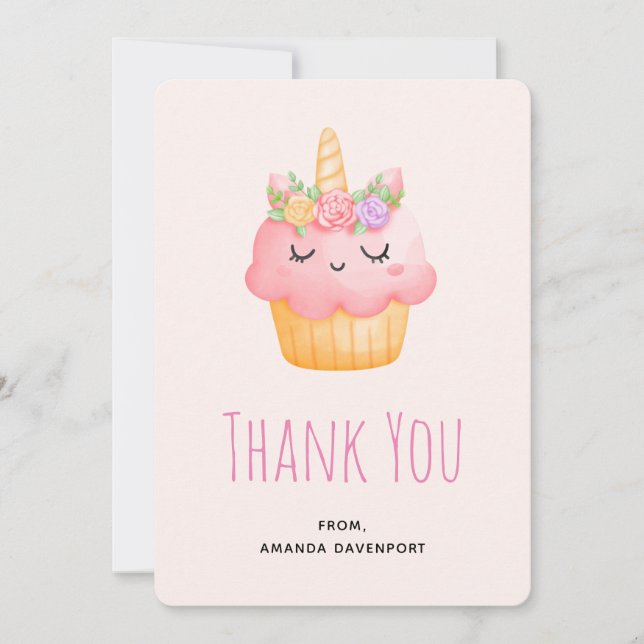 Cute Pink Cupcake Unicorn with Roses Thank You (Front)