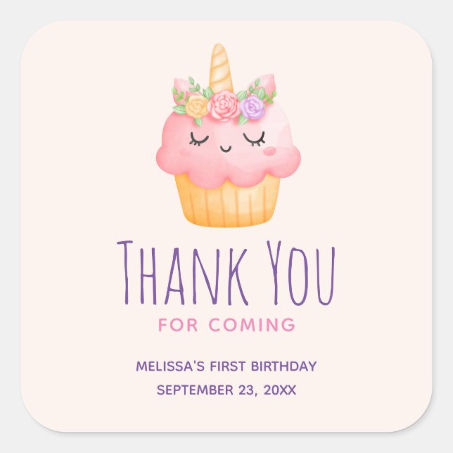 Cute Pink Cupcake Unicorn with Roses Thank You Square Sticker (Front)
