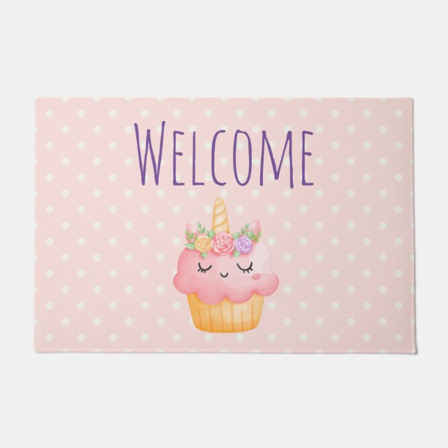 Cute Pink Cupcake Unicorn with Roses Welcome Doormat (Front)