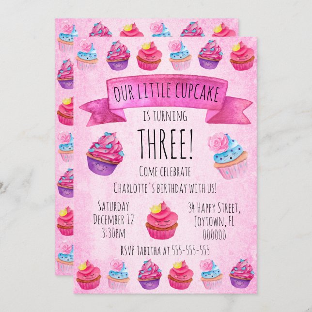Cute Pink Cupcake Watercolor Girl's Birthday Invitation (Front/Back)