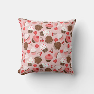 Cute Pink Cupcakes, Hearts And Cherries Pattern Cushion