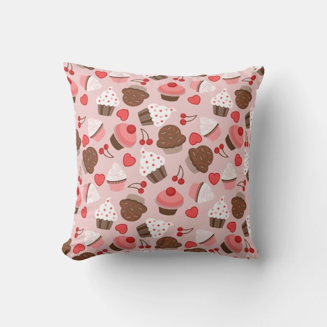 Cute Pink Cupcakes, Hearts And Cherries Pattern Cushion (Front)