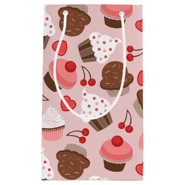 Cute Pink Cupcakes, Hearts And Cherries Pattern Small Gift Bag (Front)