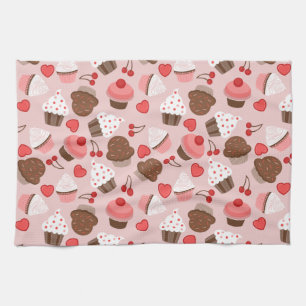 Cute Pink Cupcakes, Hearts And Cherries Pattern Tea Towel